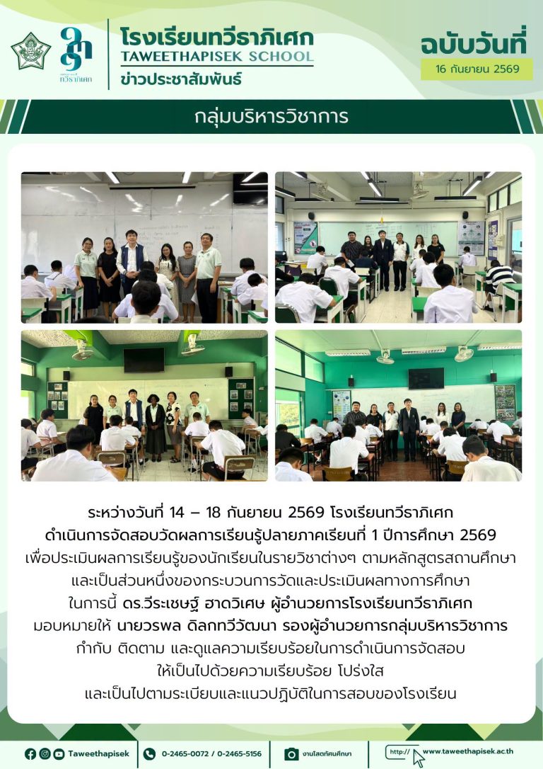 การจัดสอบวัดผลการเรียนรู้ปลายภาคเรียนที่ 1 ปีการศึกษา  2569 ระหว่างวันที่ 14 – 18  กันยายน 2569