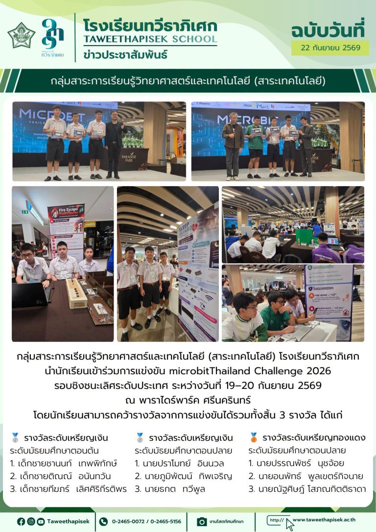 กลุ่มสาระการเรียนรู้วิทยาศาสตร์และเทคโนโลยี (สาระเทคโนโลยี) โรงเรียนทวีธาภิเศก นำนักเรียนเข้าร่วมการแข่งขัน MicrobitThailand Challenge 2026 รอบชิงชนะเลิศระดับประเทศ ระหว่างวันที่ 19–20 กันยายน 2569 ณ ศูนย์การค้า พาราไดร์พาร์ค ศรีนครินทร์